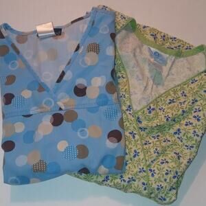 Womens Scrub Top lot of 2 Size L SB Scrubs green Cherokee blue and brown used